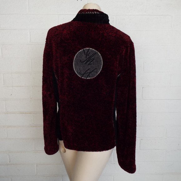 K.D.Spring M L burgundy black chenille swirl print zip front casual jacket - Picture 2 of 4